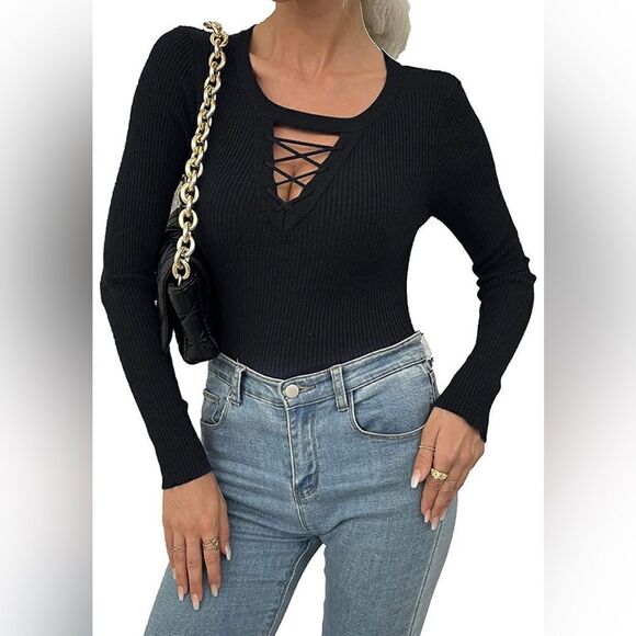 Womens Long Sleeve Fitted Tops V Neck Ribbed Button Knit Sweater - Picture 1 of 5